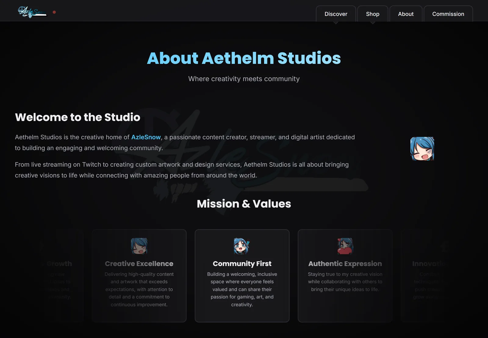 About page introducing the studio, with a mission and values row of cards