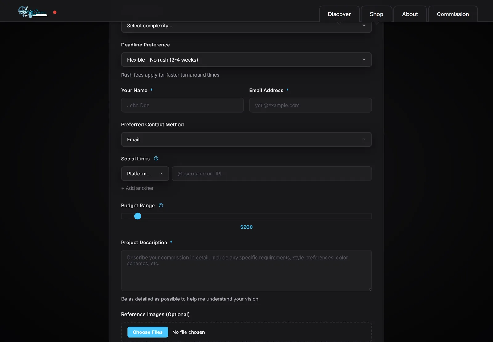 Commission request form with deadline select, repeating social links, budget slider, and file upload