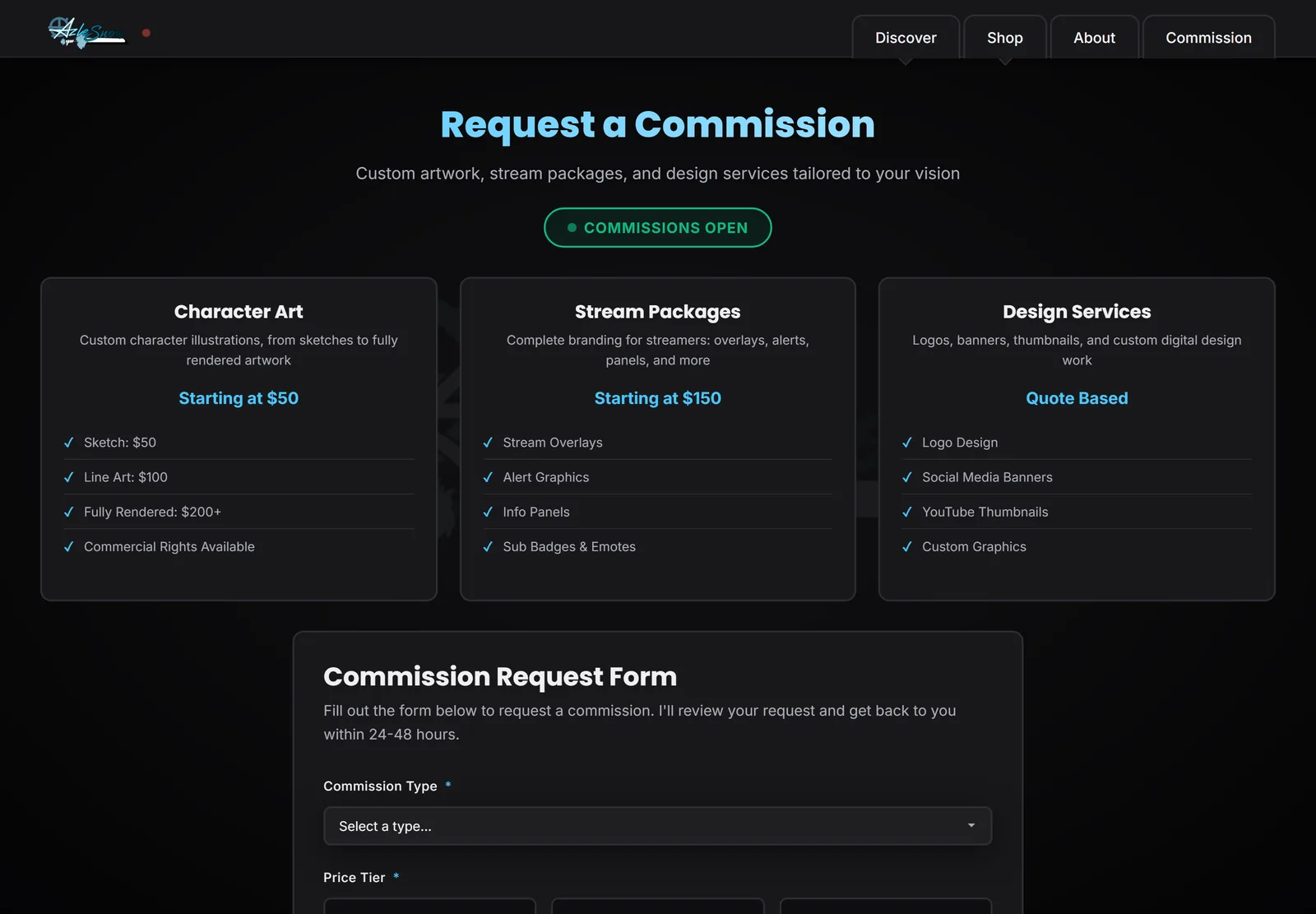 Commission landing page showing service tiers and a live commissions-open status badge