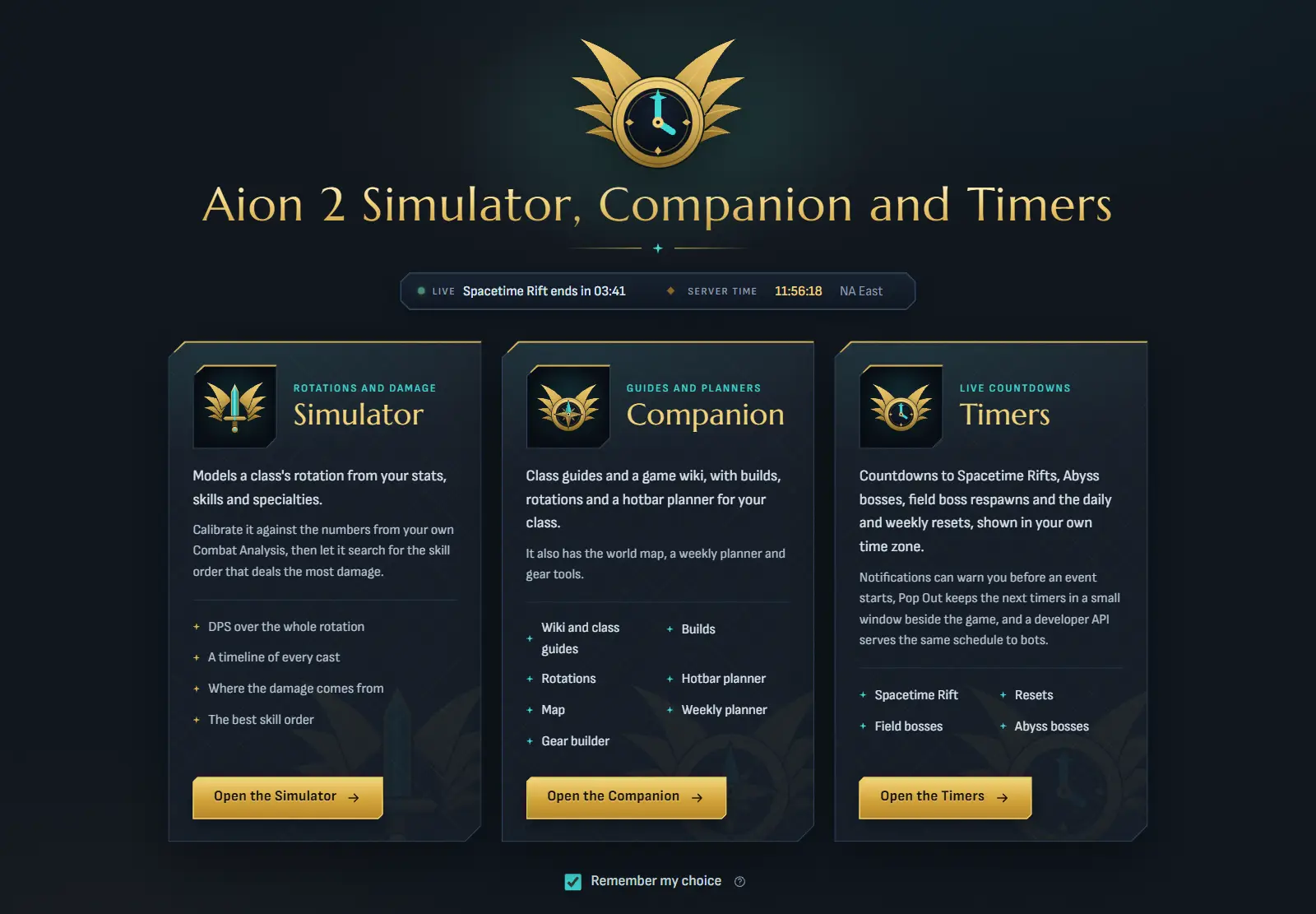 The aion2.grimvane.app start page: three cards for the Simulator, the Companion and the Timers under a live strip with the next Spacetime Rift and the server time.