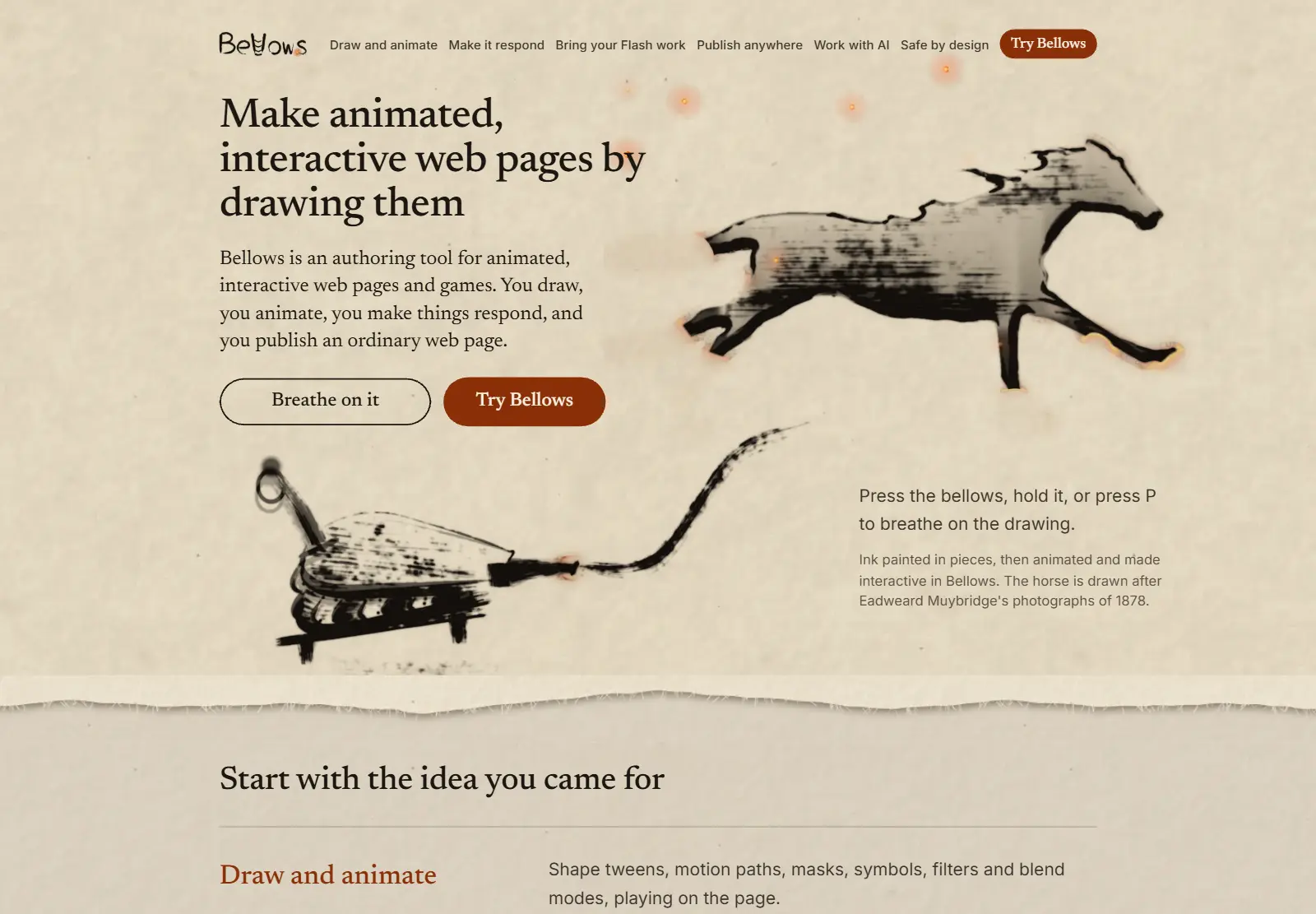 The Bellows landing page: the line Make animated, interactive web pages by drawing them, beside an ink drawing of a running horse and a bellows breathing on it.