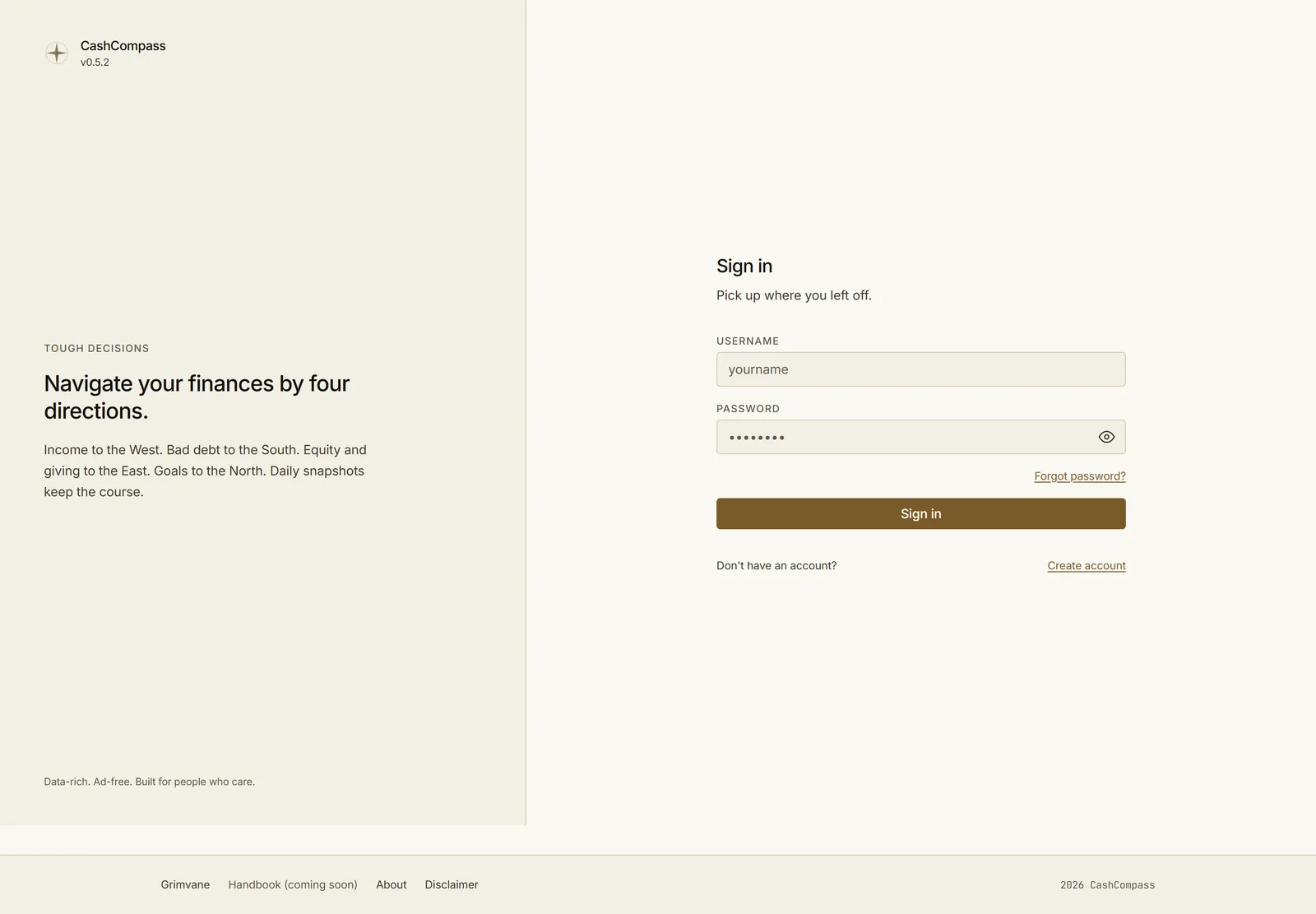 The CashCompass sign in screen, split between the product pitch on the left and a username and password form on the right.