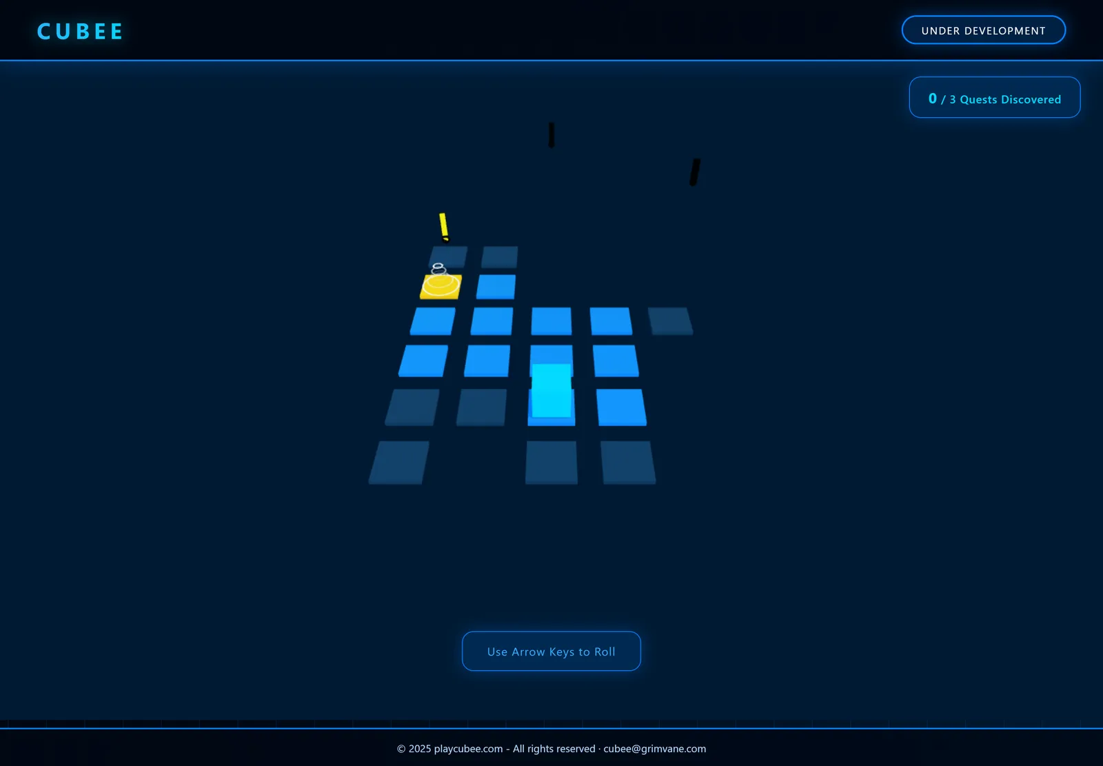 The CUBEE board: a cube standing on a grid of tiles, painted blue where it has rolled, with a quest marker ahead of it.