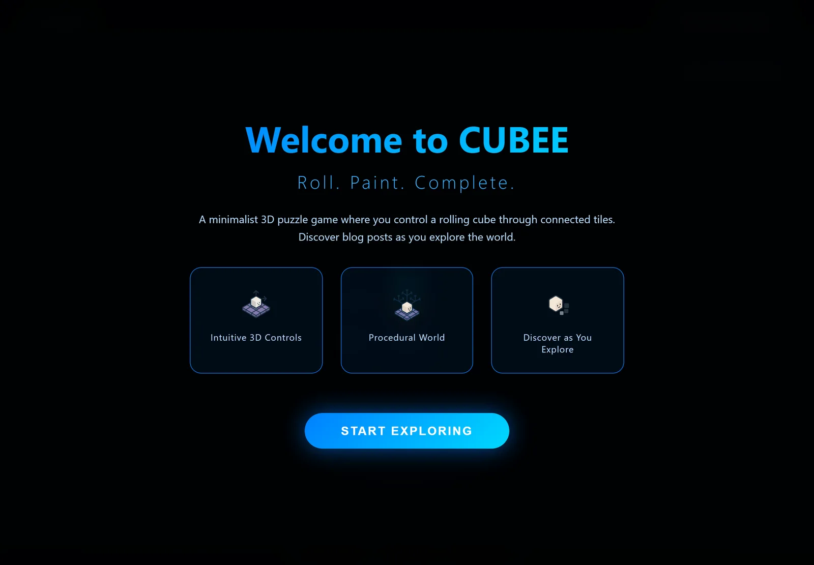 The CUBEE landing page: the title Welcome to CUBEE over a dark field, three feature cards, and a Start Exploring button.