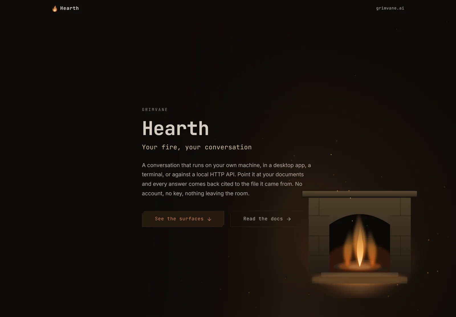 The Hearth landing page: the name over the line Your fire, your conversation, beside an illustrated fireplace.