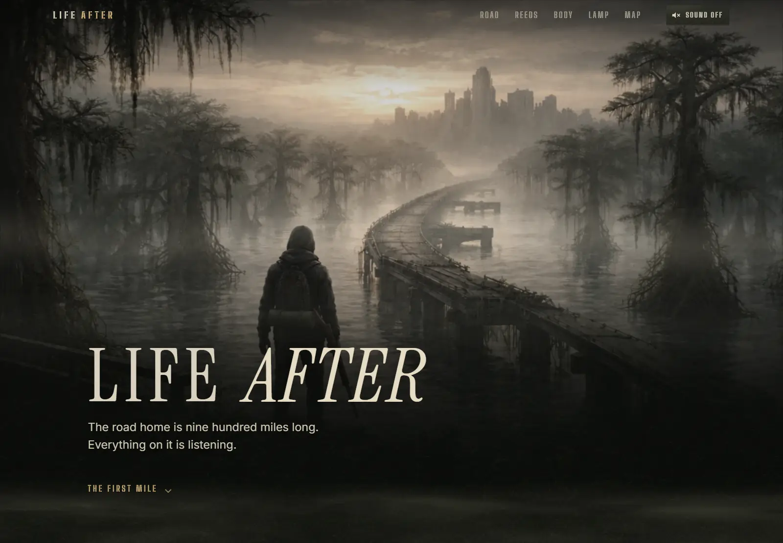 The Life After landing page: a hooded walker on a flooded road through a cypress swamp toward a ruined skyline, under the title Life After.