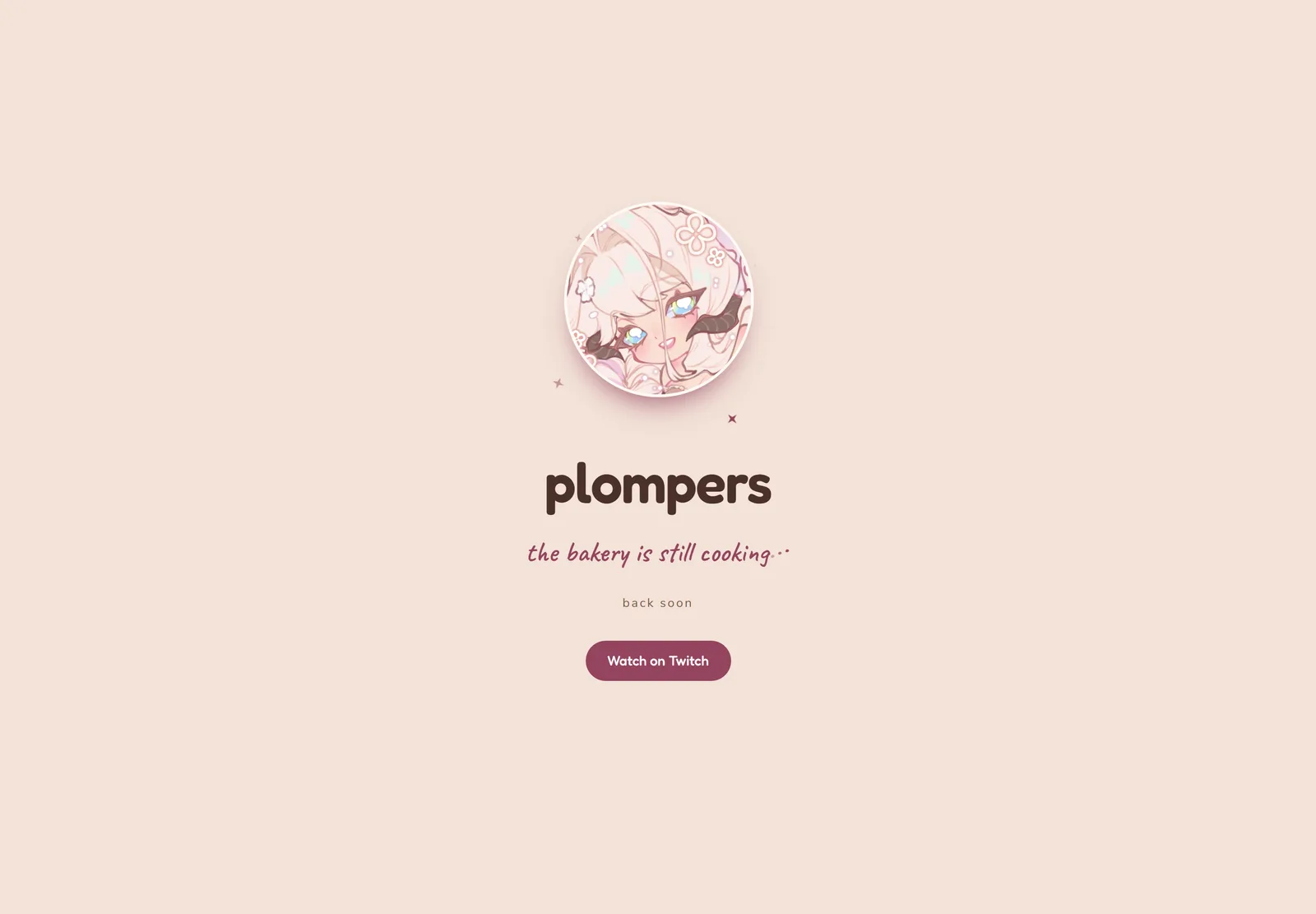 The Plompers home page, split between a dark designer side and a light streamer side, with her character illustration to the right.