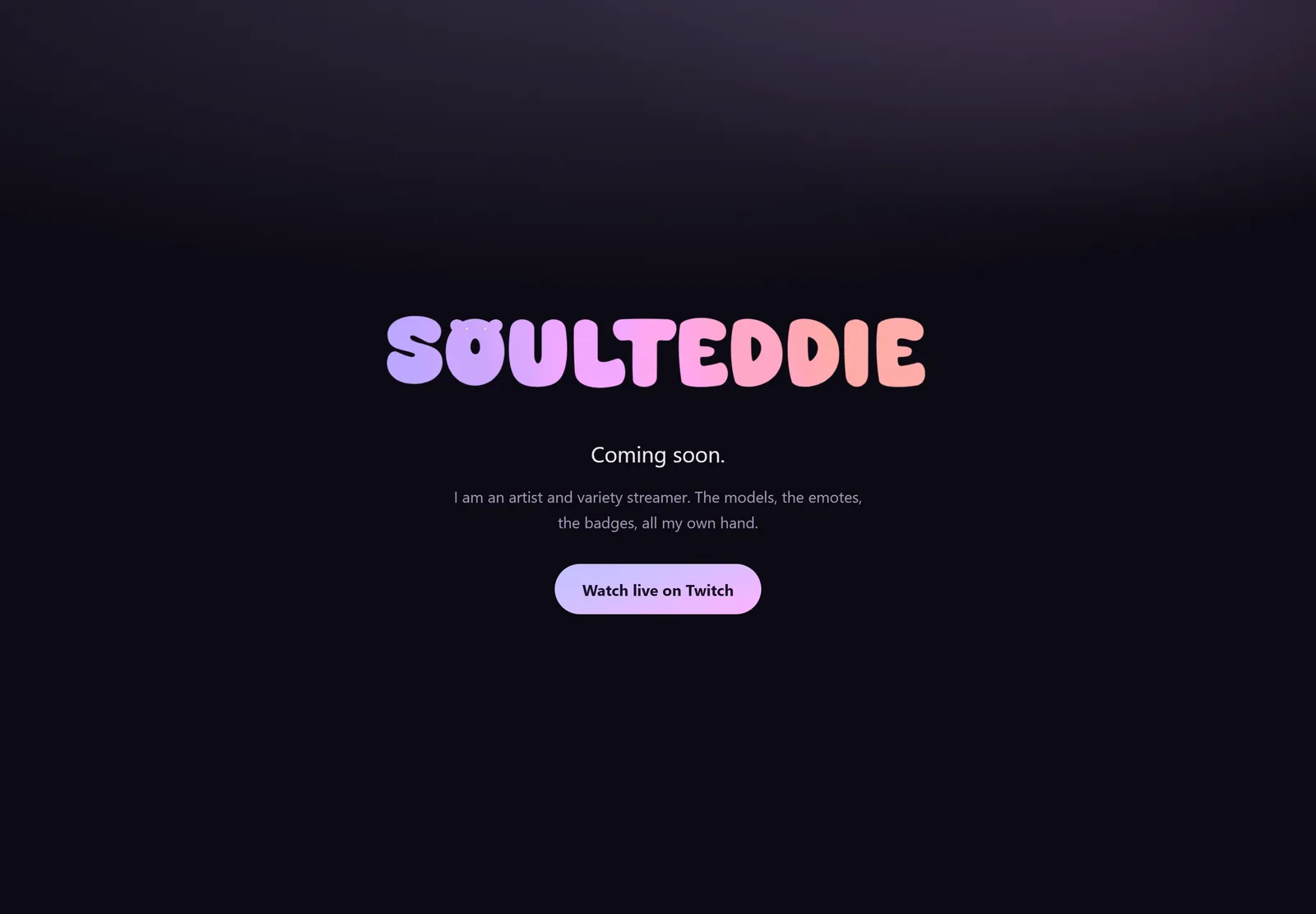 The Soulteddie home page, split between the artist pitch and the stream schedule, with one of his VTuber models between them.
